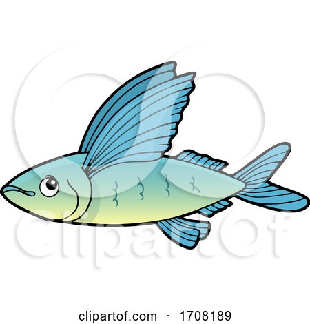 Cartoon Clipart of a Black and White Happy Flying Fish over Clouds -  Royalty Free Vector Line Art Illustration by toonaday #1275526