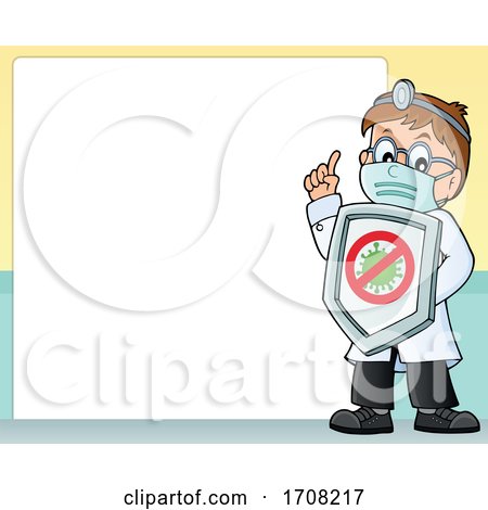 Cartoon Male Doctor Holding up a Finger and a Virus Shield by visekart