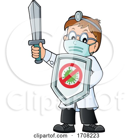 Cartoon Male Doctor Holding up a Sword and Virus Shield by visekart