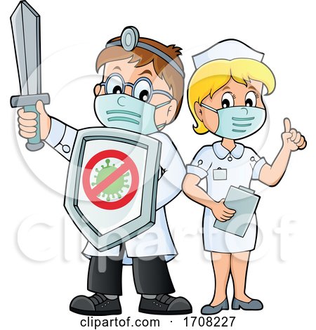 Cartoon Doctor and Nurse Fighting a Virus by visekart