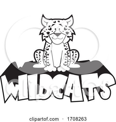 Cartoon Black and White Leopard School Sports Mascot Sitting on Wildcats Text by Johnny Sajem