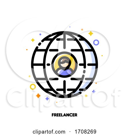 Icon of User Photo on Background of Globe for Freelance or Self-employment Concept Flat Filled Outline Style Pixel Perfect 64x64 Editable Stroke by elena