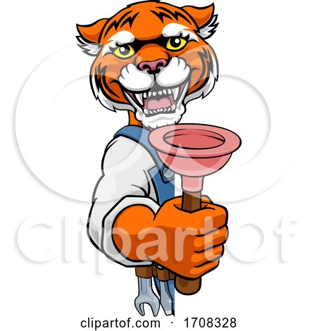 Tiger Plumber Cartoon Mascot Holding Plunger by AtStockIllustration