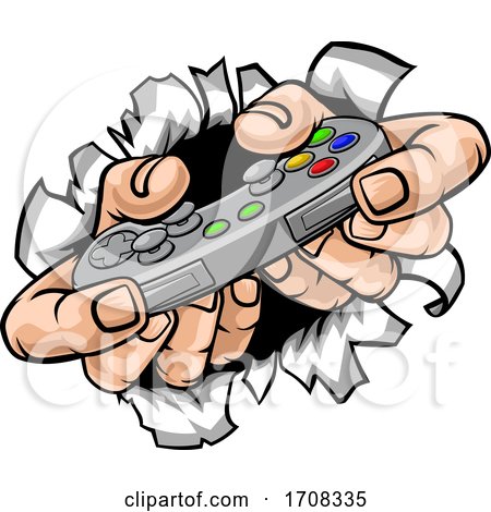 Gamer Hands Video Game Controller Breaking Wall by AtStockIllustration