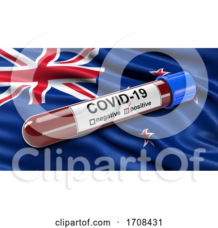 Flag of New Zealand Waving in the Wind with a Positive Covid 19 Blood Test Tube  by stockillustrations