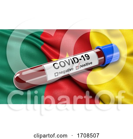Flag of Cameroon Waving in the Wind with a Positive Covid 19 Blood Test Tube by stockillustrations
