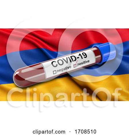Flag of Armenia Waving in the Wind with a Positive Covid 19 Blood Test Tube by stockillustrations