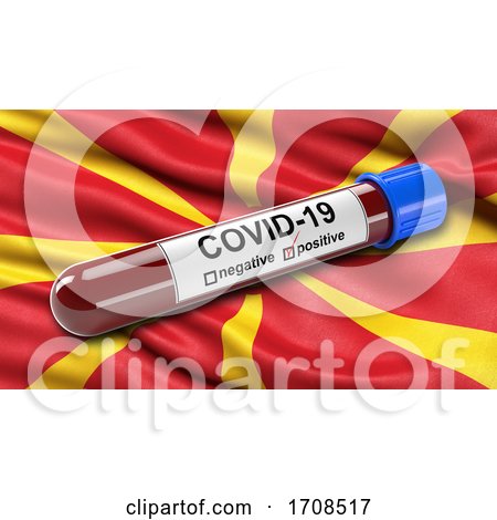 Flag of North Macedonia Waving in the Wind with a Positive Covid 19 Blood Test Tube by stockillustrations