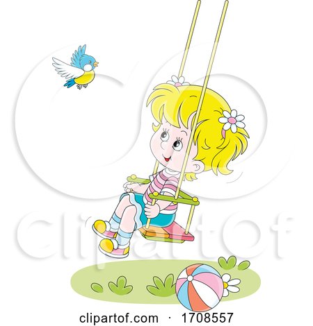 Happy Girl Watching a Bird on a Swing by Alex Bannykh