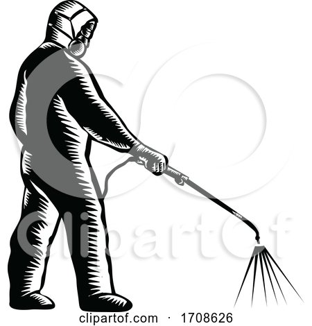 Essential Worker Wearing PPE Spraying Disinfectant Woodcut by patrimonio