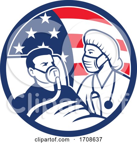 Nurse Caring for COVID 19 Patient USA Flag Circle Icon Retro by patrimonio