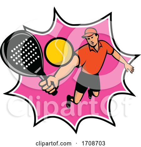 Padel Player with Racquet Jumping Bll Retro Mascot by patrimonio