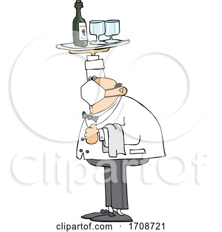 Cartoon Male Waiter Wearing a Mask and Holding up a Wine Tray by djart