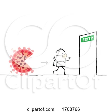 Stick Man Wearing a Mask Being Chased by the Coronavirus and Running to an Exit by NL shop