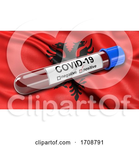 Flag of Albania Waving in the Wind with a Positive Covid19 Blood Test Tube by stockillustrations