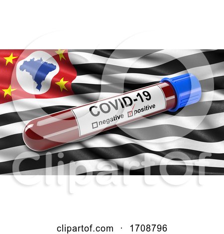 Flag of Sao Paulo Waving in the Wind with a Positive Covid19 Blood Test Tube by stockillustrations