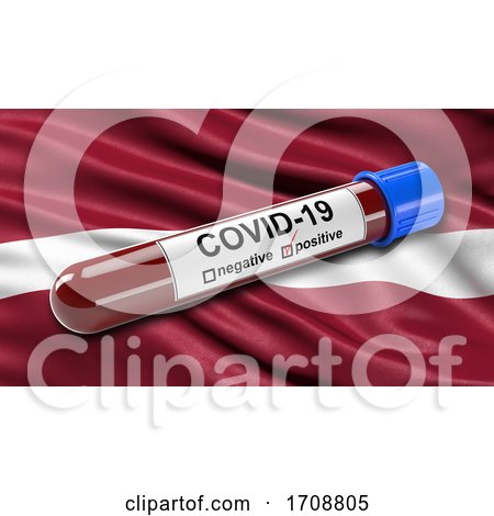 Flag of Latvia Waving in the Wind with a Positive Covid19 Blood Test Tube by stockillustrations
