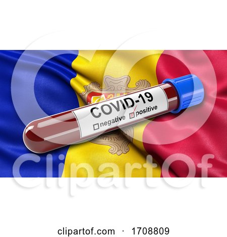 Flag of Andorra Waving in the Wind with a Positive Covid 19 Blood Test Tube by stockillustrations