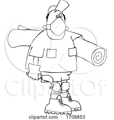Cartoon Black and White Male Carpet Layer Wearing a Mask and Carrying a Roll and Trowel by djart