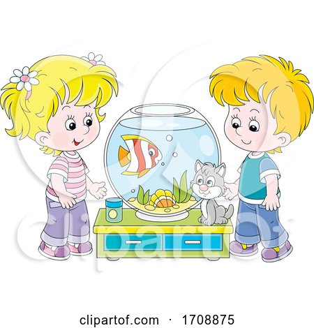 Children with Their Pet Fish and Cat by Alex Bannykh