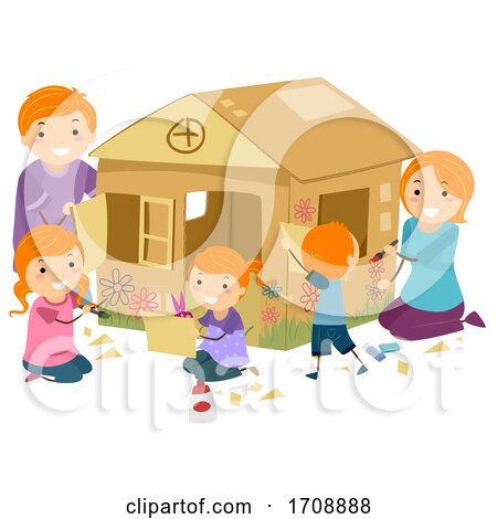Family Girls Build Cardboard House Illustration by BNP Design Studio