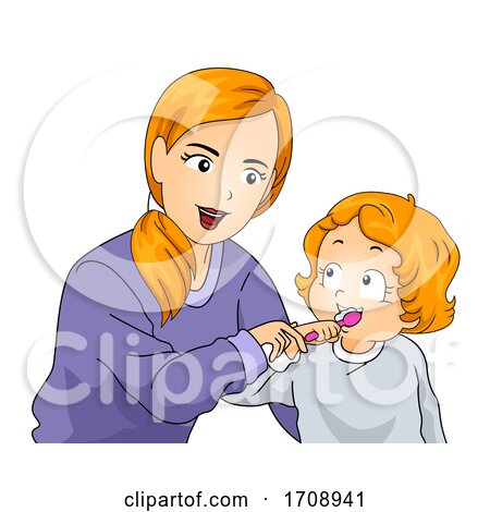 Mom Kid Girl Teach Brush Teeth Illustration by BNP Design Studio