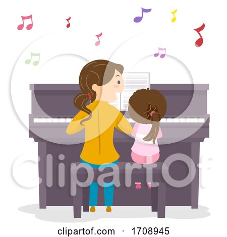 Stickman Kid Girl Mom Learn Piano Illustration by BNP Design Studio