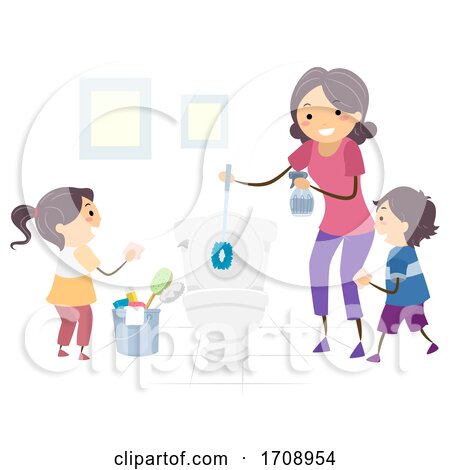 Kids Mom Teach Kids Clean Toilet Illustration by BNP Design Studio