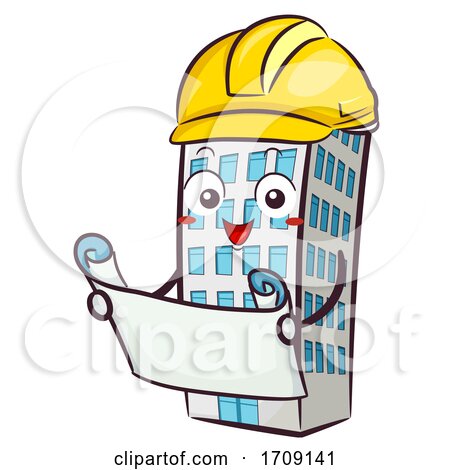 Mascot Building Hard Hat Blue Print Illustration by BNP Design Studio