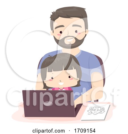 Kid Girl Dad Search School Laptop Illustration by BNP Design Studio