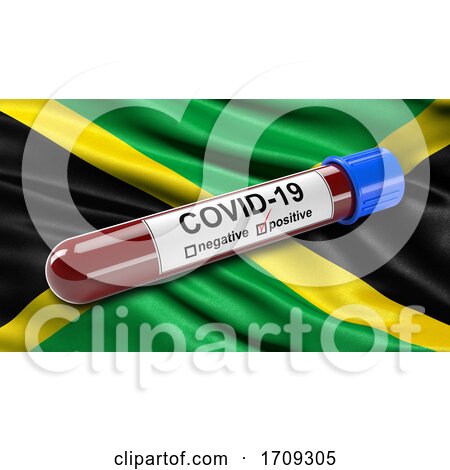 Flag of Jamaica Waving in the Wind with a Positive Covid 19 Blood Test Tube by stockillustrations