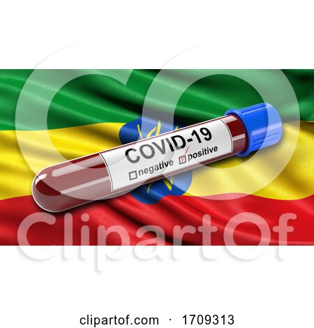 Flag of Ethiopia Waving in the Wind with a Positive Covid 19 Blood Test Tube by stockillustrations