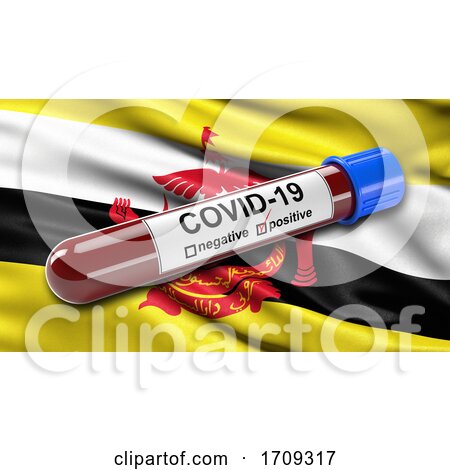 Flag of Brunei Waving in the Wind with a Positive Covid 19 Blood Test Tube by stockillustrations