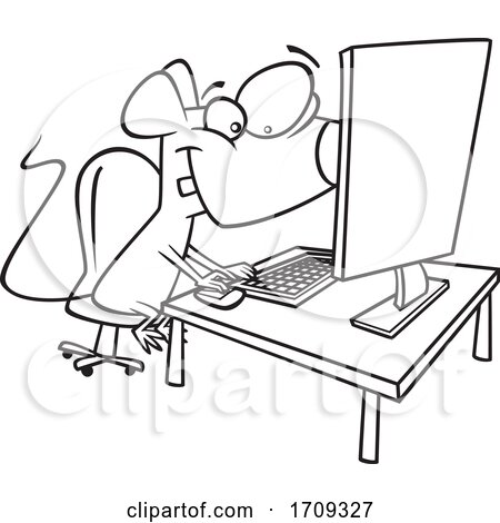 Cartoon Black and White Mouse Using a Computer by toonaday