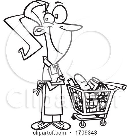 Cartoon Black and White Female Grocer with a Cart Full of Food by toonaday