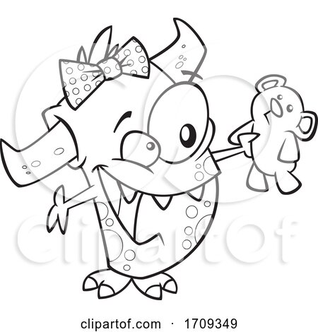 Cartoon Black and White Girl Monster with a Teddy Bear by toonaday