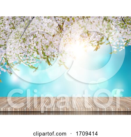 3D Wooden Table Looking out to a Cherry Blossom Tree on a Blue Sky Background by KJ Pargeter