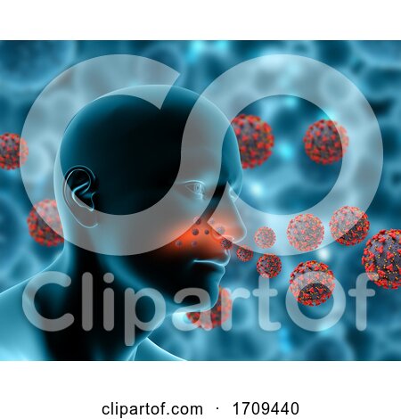 3D Medical Background Showing Covid 19 Virus Cells Infecting Male Figure by KJ Pargeter