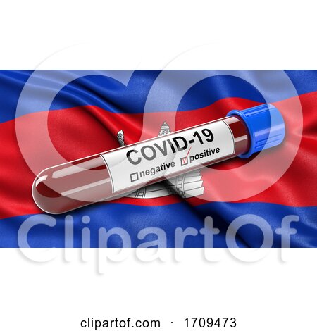 Flag of Cambodia Waving in the Wind with a Positive Covid 19 Blood Test Tube by stockillustrations