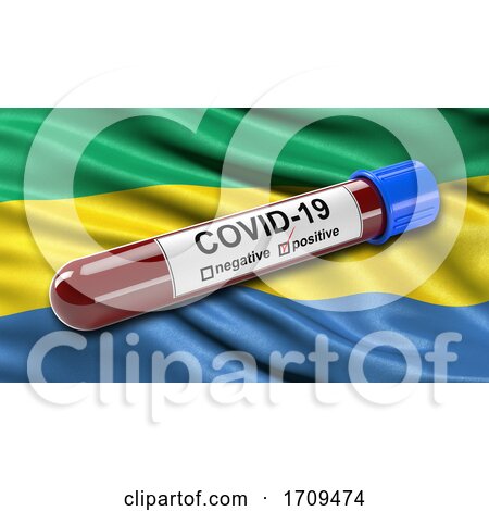 Flag of Gabon Waving in the Wind with a Positive Covid 19 Blood Test Tube by stockillustrations