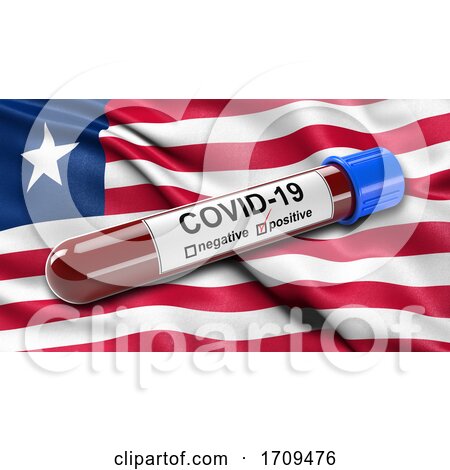 Flag of Liberia Waving in the Wind with a Positive Covid 19 Blood Test Tube by stockillustrations