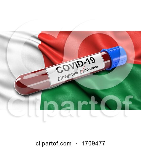 Flag of Madagascar Waving in the Wind with a Positive Covid 19 Blood Test Tube by stockillustrations