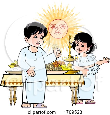 Boy and Girl with Sinhala New Year Sun and Foods by Lal Perera