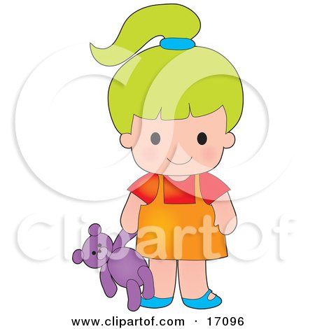 Cute Green Haired Caucasian Girl Carrying A Teddy Bear Clipart Illustration by Maria Bell