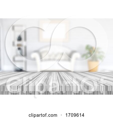 3D Wooden Table Looking out to a Defocussed Modern Room Interior by KJ Pargeter