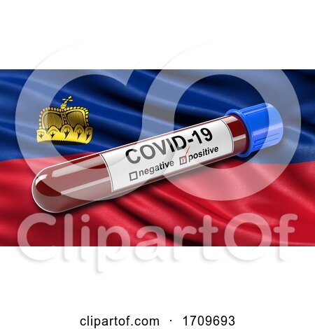 Flag of Liechtenstein Waving in the Wind with a Positive Covid 19 Blood Test Tube by stockillustrations