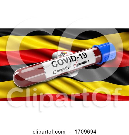 Flag of Uganda Waving in the Wind with a Positive Covid 19 Blood Test Tube by stockillustrations