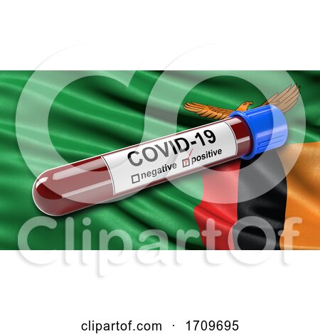 Flag of Zambia Waving in the Wind with a Positive Covid 19 Blood Test Tube by stockillustrations