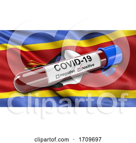 Flag of Eswatini Waving in the Wind with a Positive Covid 19 Blood Test Tube by stockillustrations