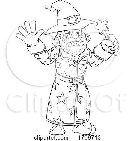 Wizard Merlin Cartoon Coloring Book Page by AtStockIllustration